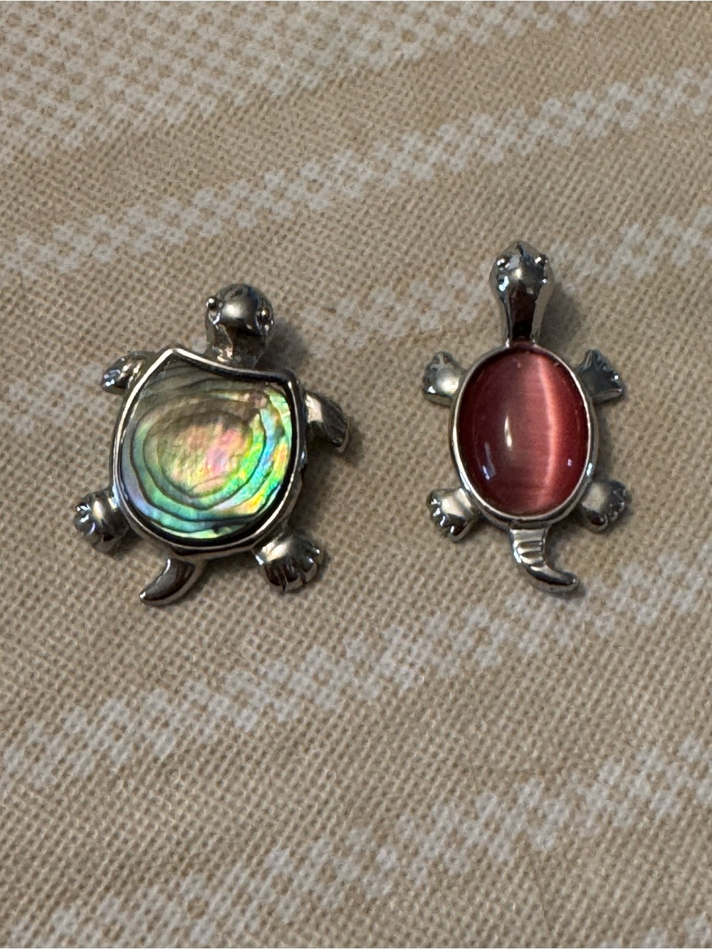 Abalone and Pink Cat's Eye Turtle Pendant Pair